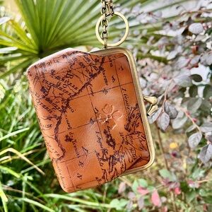 Patricia Nash Brown Map Print Leather Kiss Lock Coin Purse Keychain